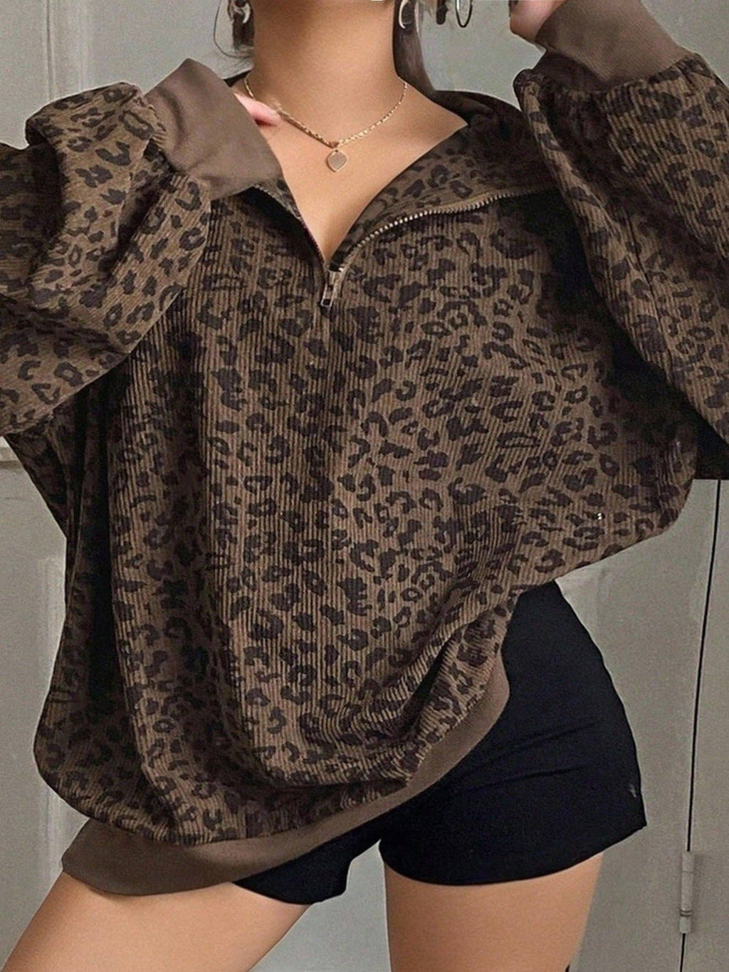 Leopard Corduroy Sweatshirt Streetwear Oversized Half Zip: Gray / 100%polyester / M