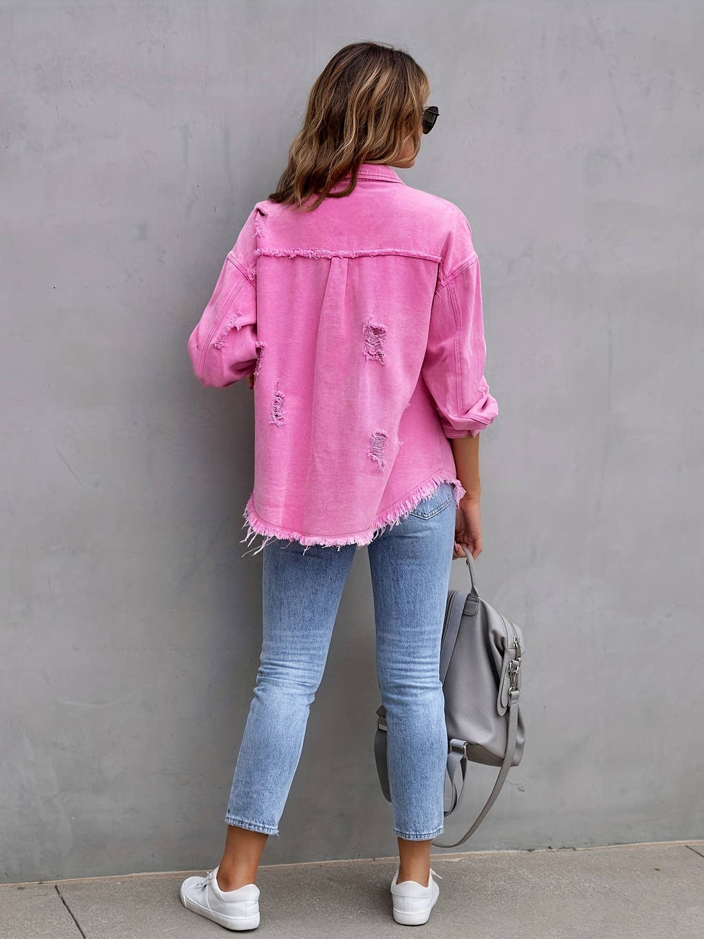 Ripped Long-Sleeved Denim Jacket: Black / L