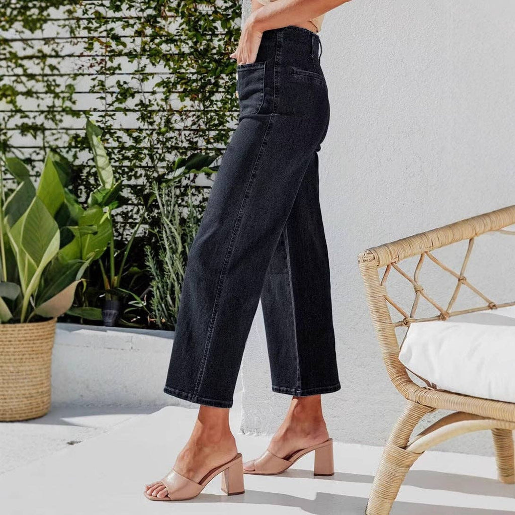 High-Waisted Stretch Denim Pants for Women - Classic Straight-Leg Jeans: Black / L