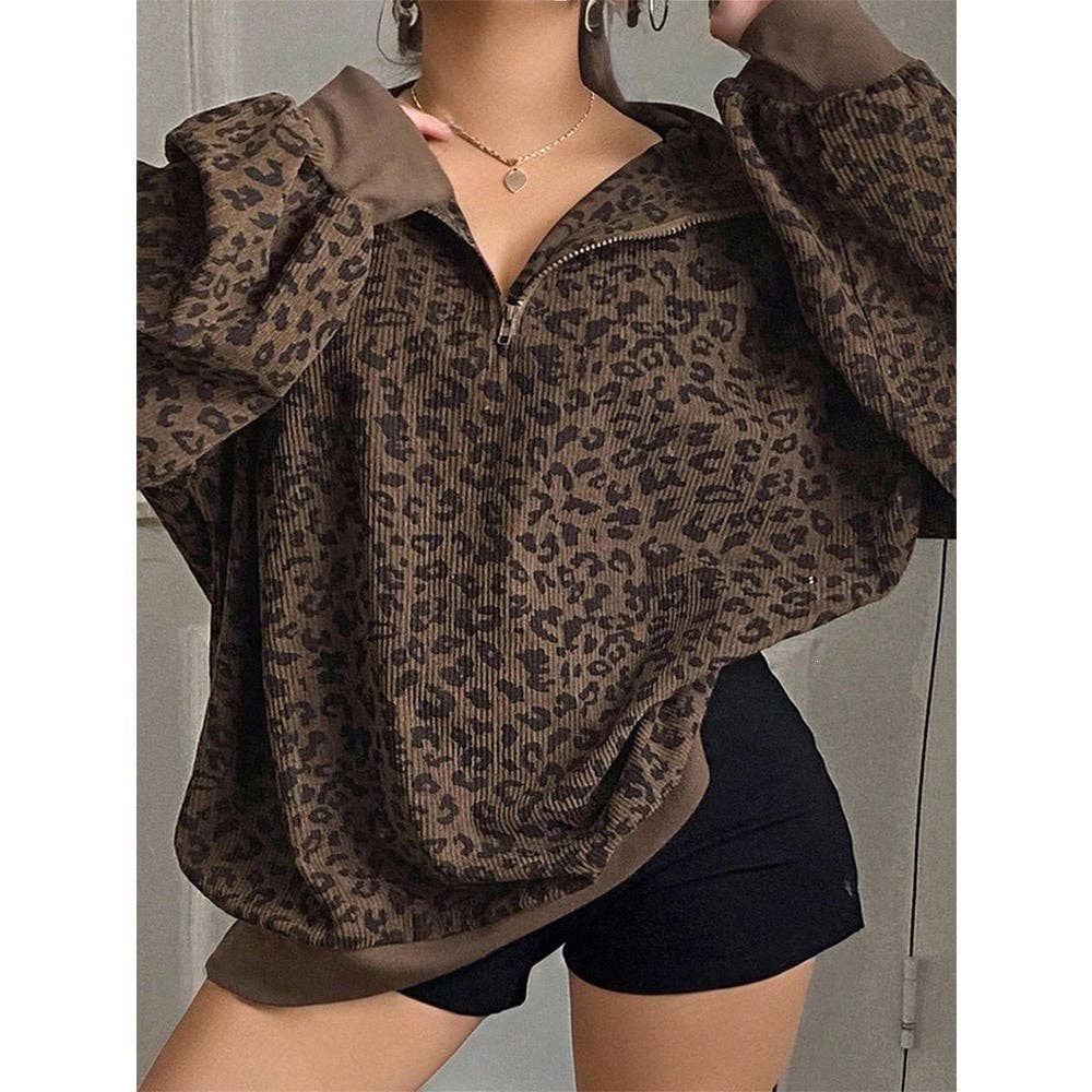Leopard Corduroy Sweatshirt Streetwear Oversized Half Zip: Gray / 100%polyester / L