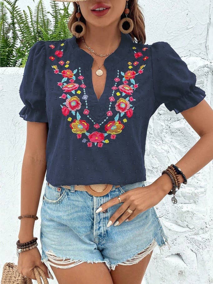 Boho Embroidered Floral Ruffle Top: NavyBlue / M