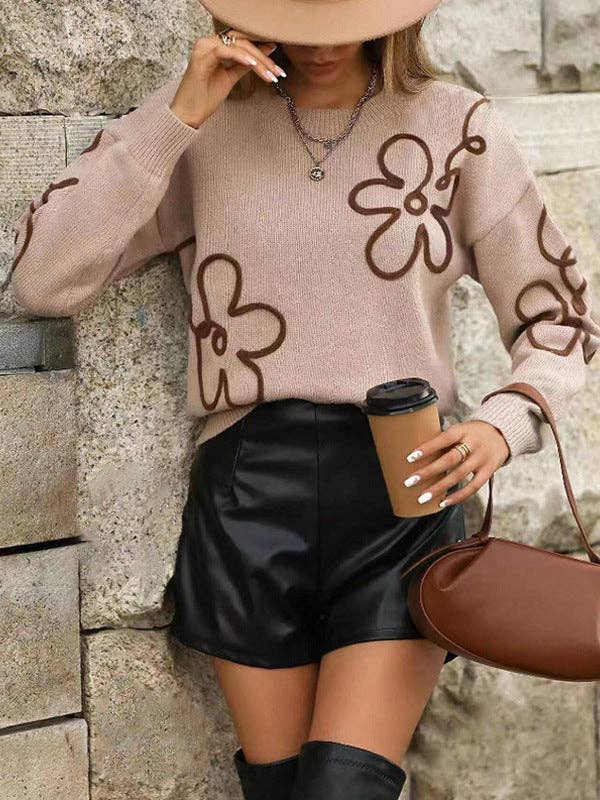 Oversized Floral Knit Sweater Women Casual: Yellow / S