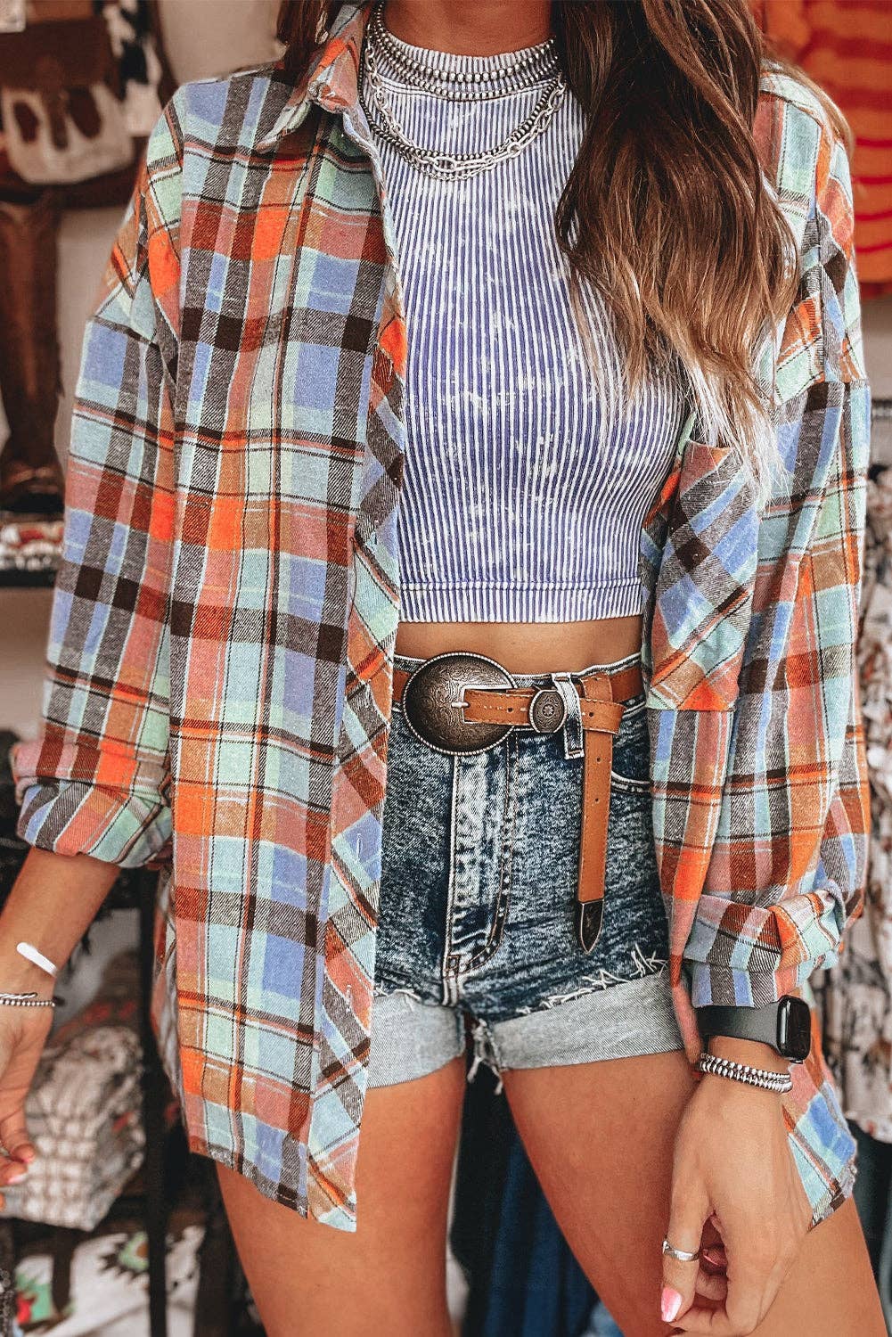 Women's Plaid Print Loose Vintage Shirt: Orange / 100%Cotton / M