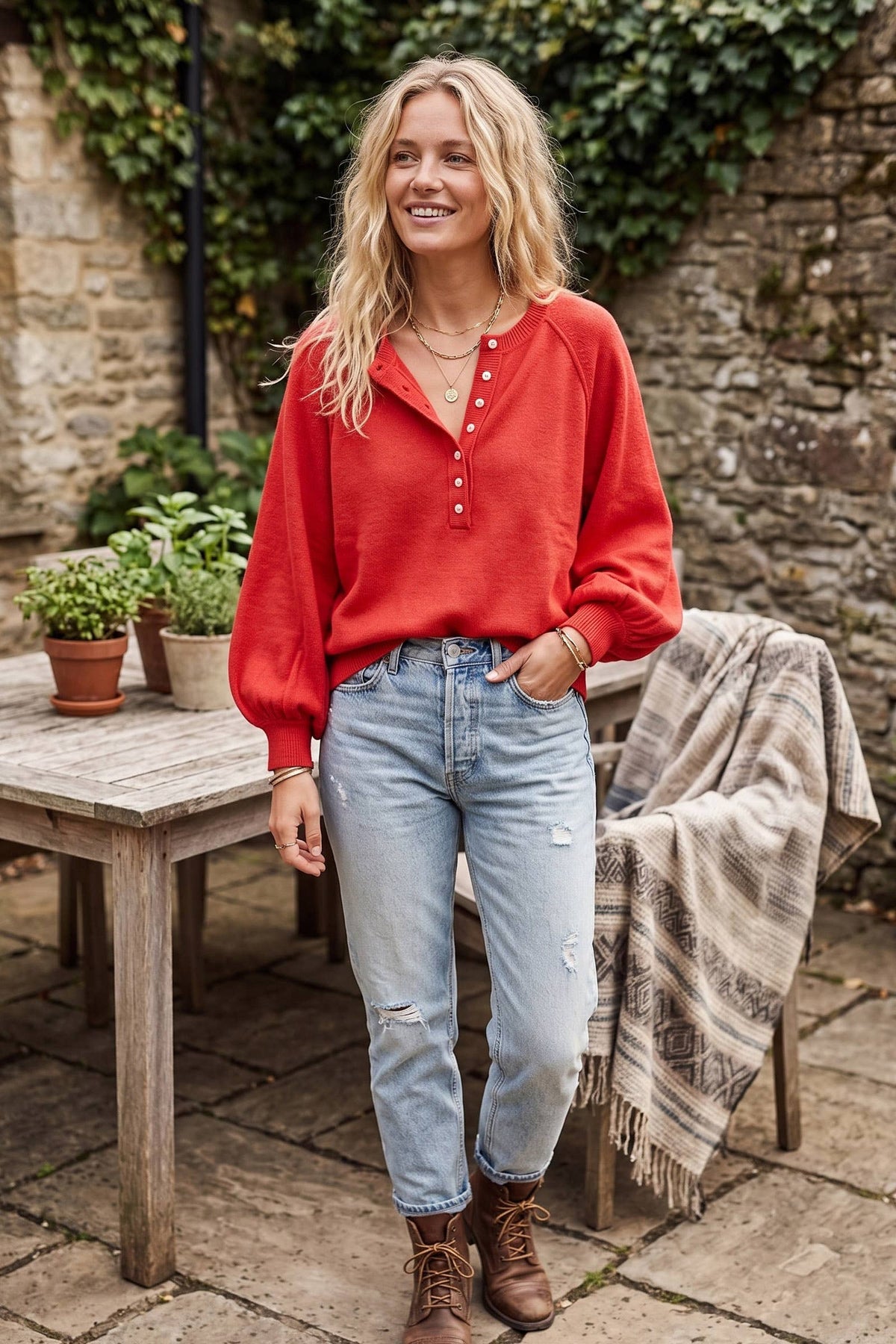 Henley Balloon Sleeve Sweater Top: IVORY / S