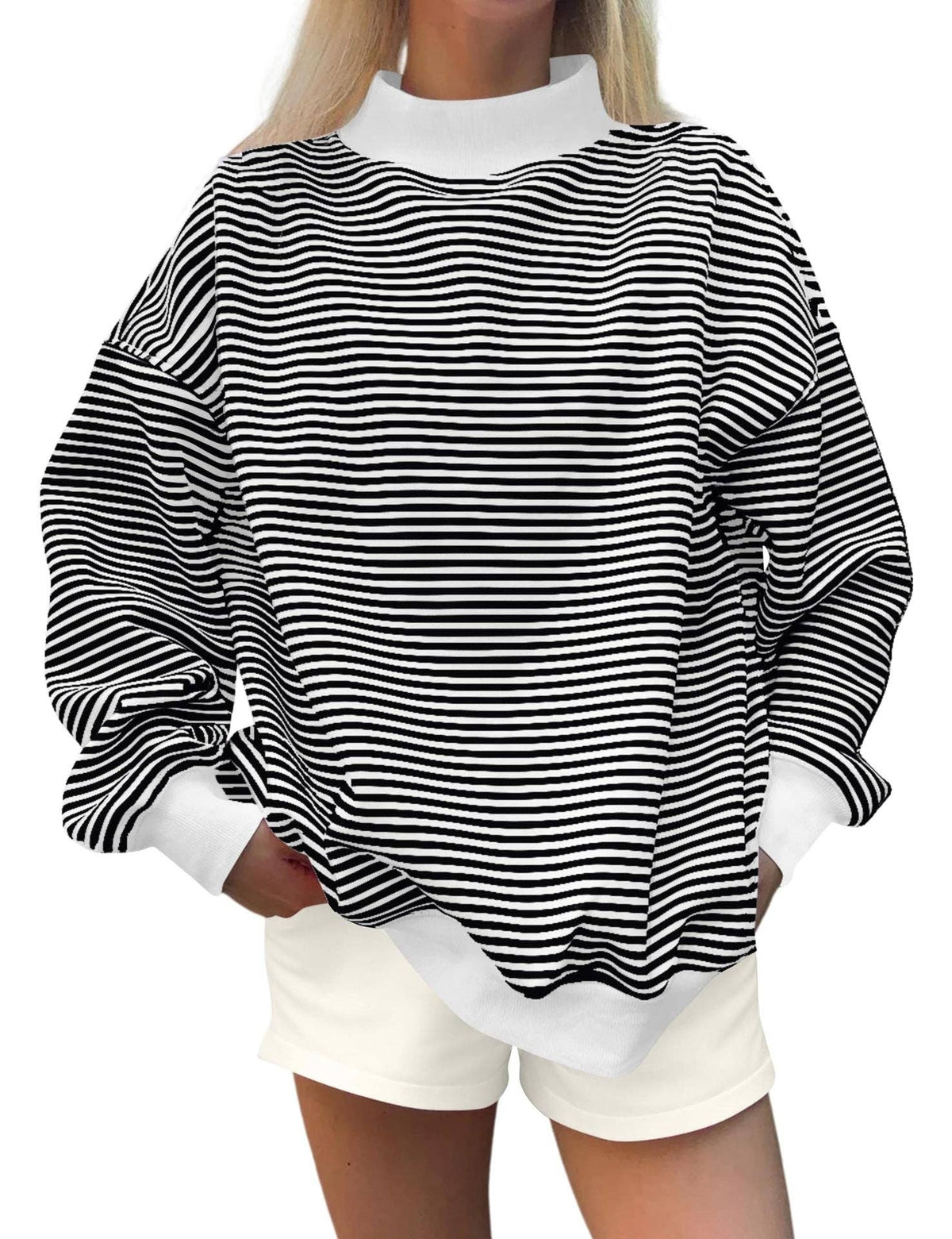 Oversized Striped Mock Neck Sweatshirt: Brown / M