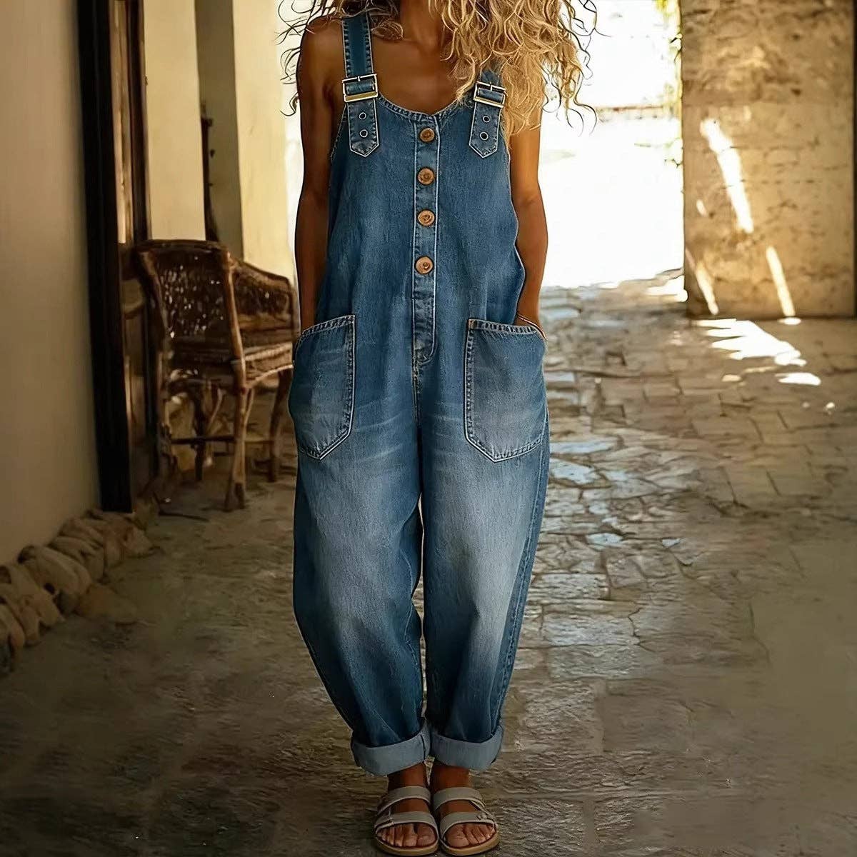 Washed Denim Overalls Adjustable Strap Relaxed Fit: Black / 70%Cotton+30%Polyester / M
