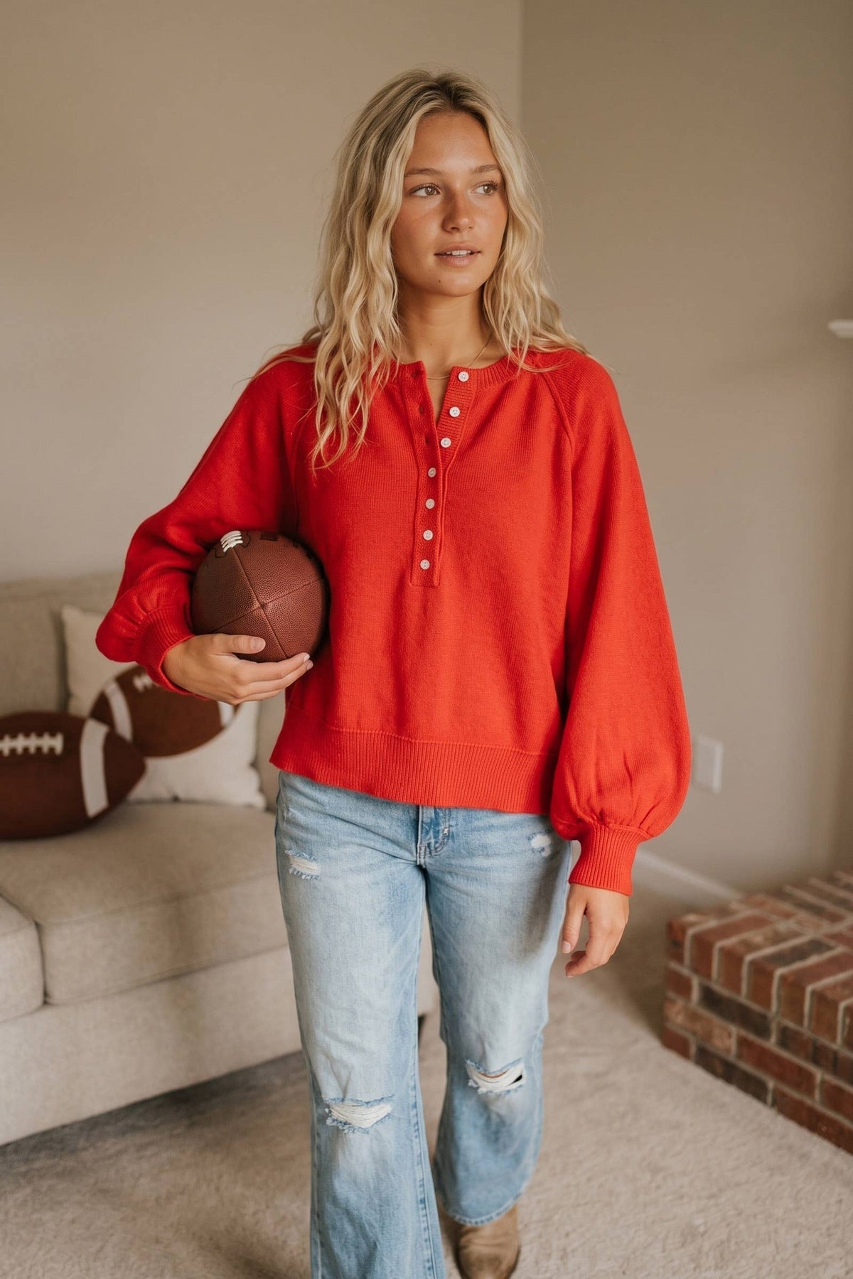 Henley Balloon Sleeve Sweater Top: IVORY / M
