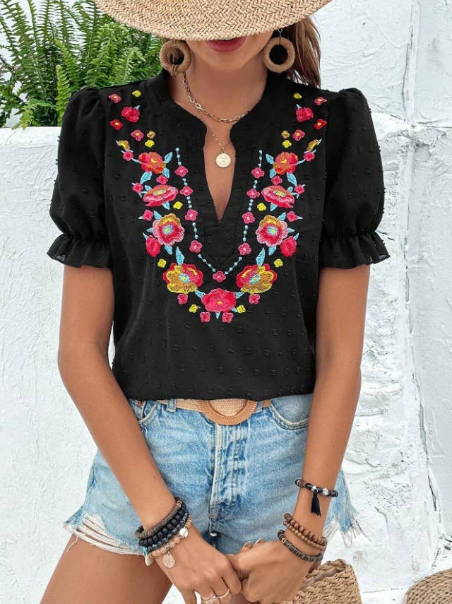 Boho Embroidered Floral Ruffle Top: NavyBlue / M