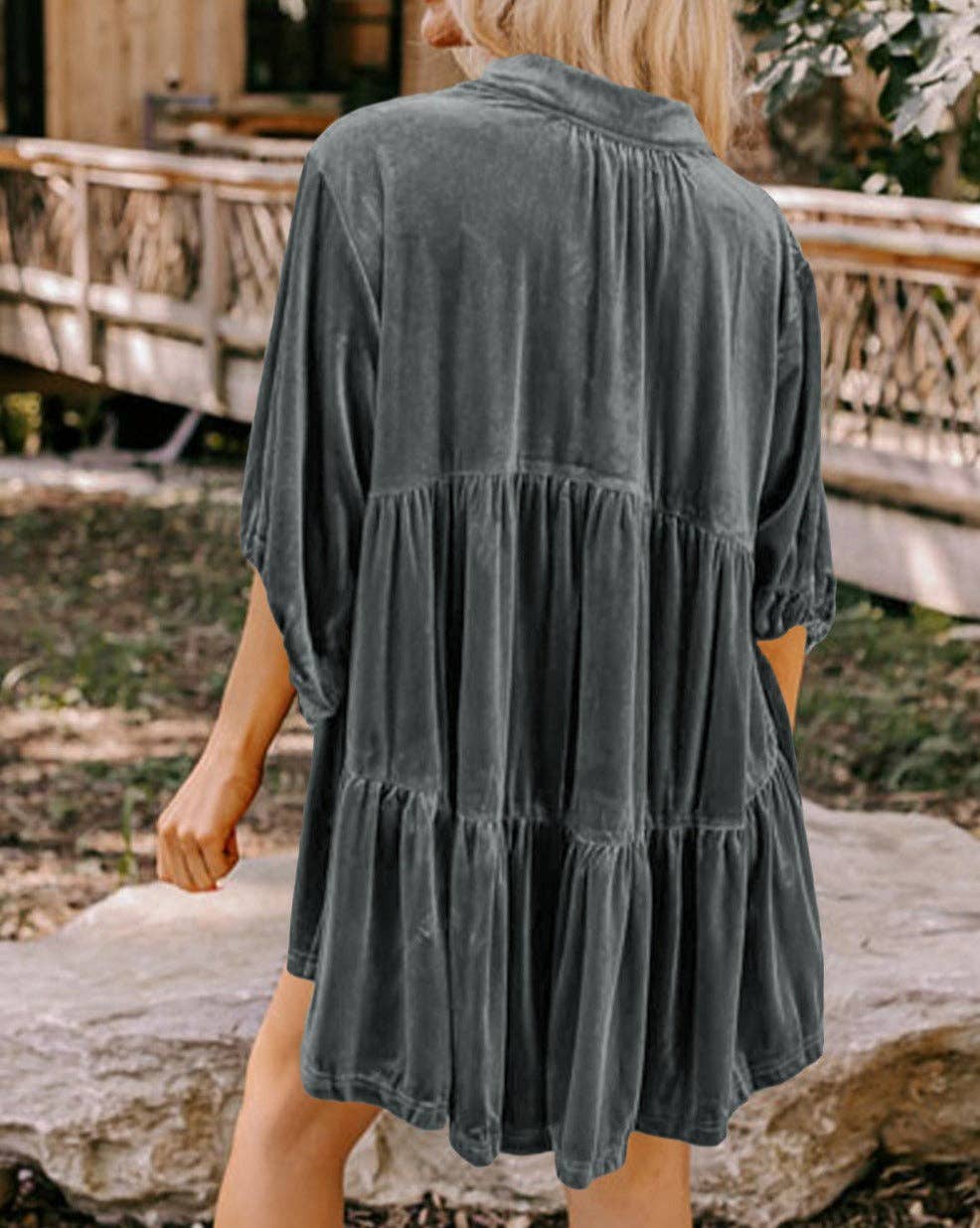 Velvet 3/4 Sleeve Tunic Babydoll Shirt: Pale Khaki / 95%Polyester+5%Elastane / S