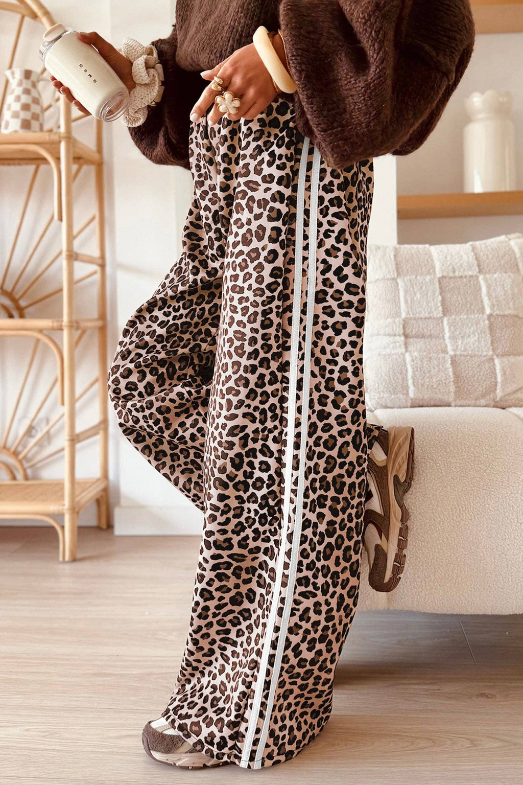 Beige Leopard Print Side Striped Detail Casual Wide Leg Pants: Beige / 100%Polyester / S