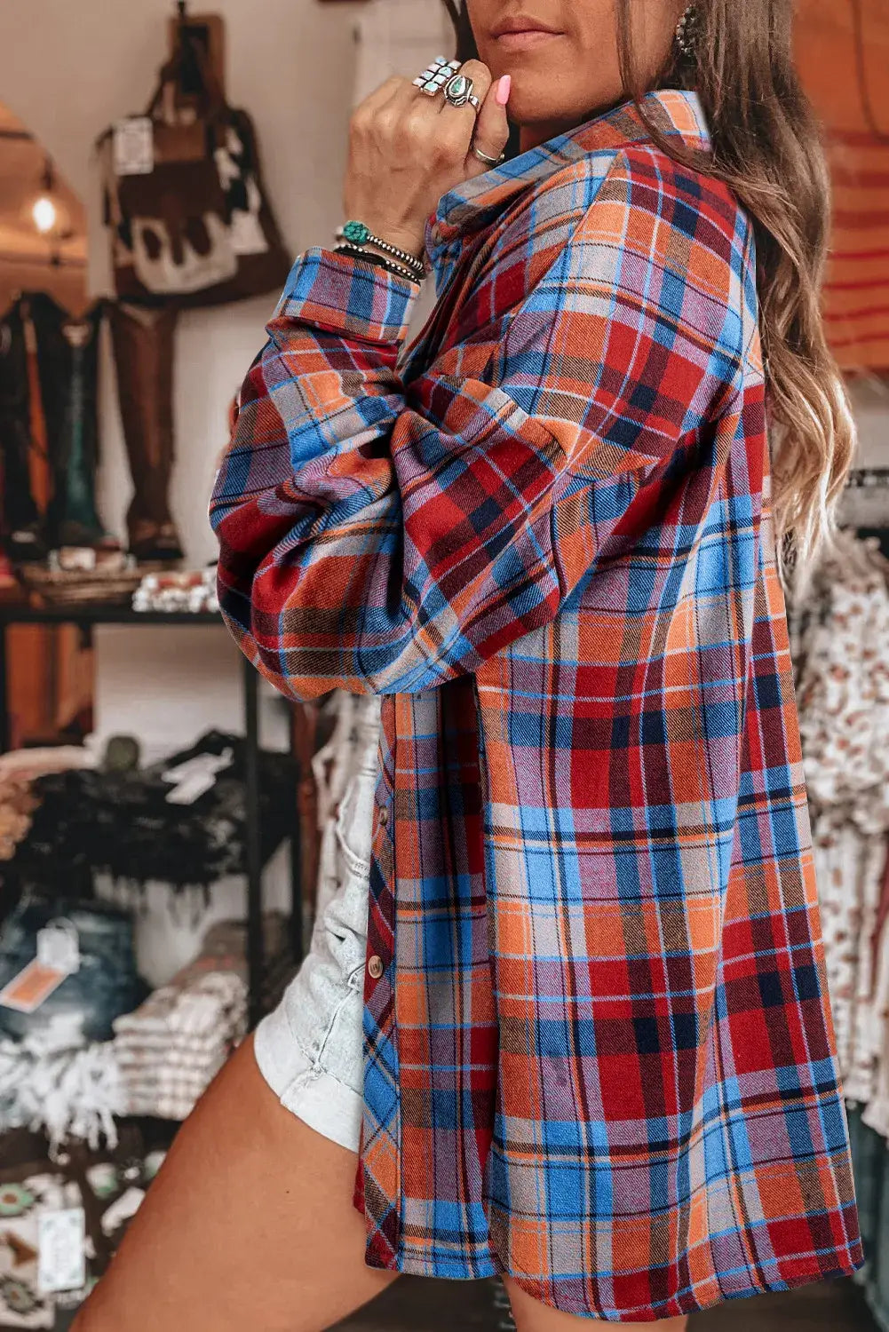 Women's Plaid Print Loose Vintage Shirt: Red / 100%Cotton / S