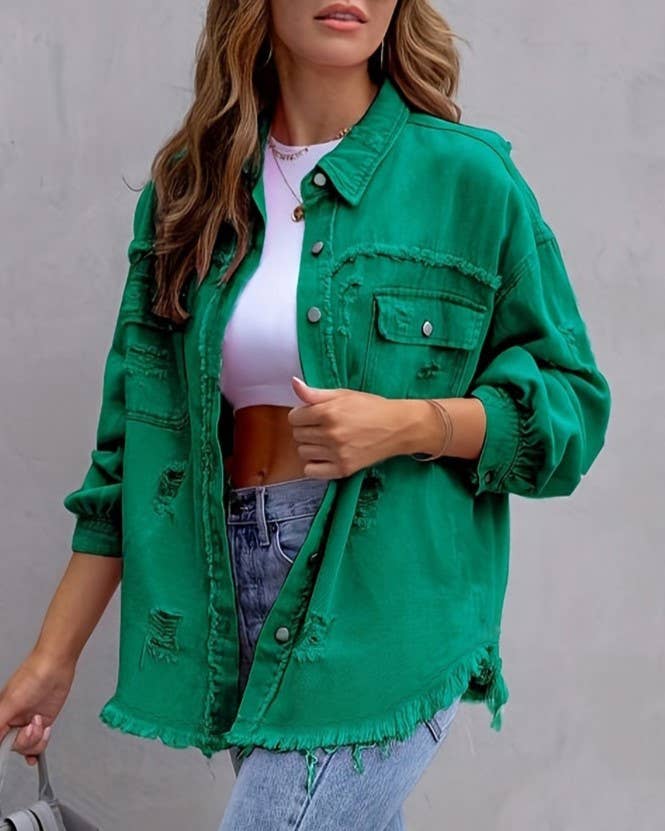 Ripped Long-Sleeved Denim Jacket: Black / S