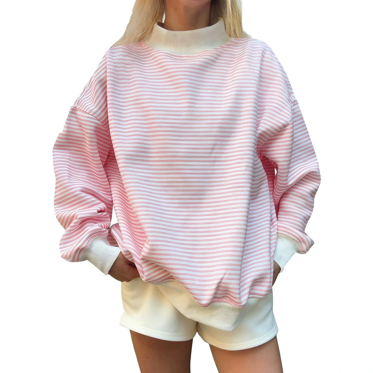 Oversized Striped Mock Neck Sweatshirt: Brown / L