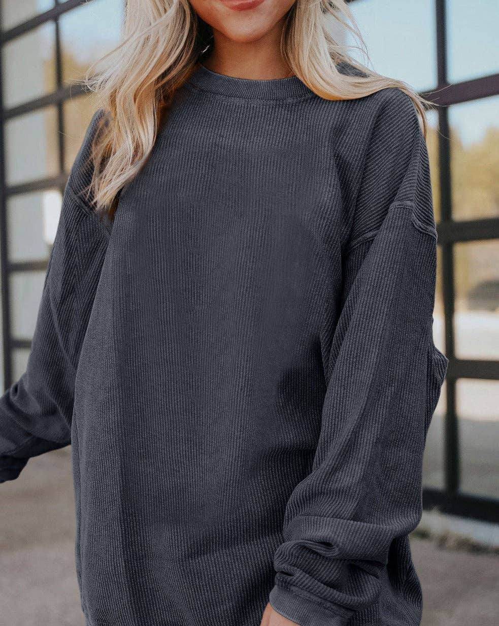 Ribbed Corded Oversized Sweatshirt: Grass Green / 100%Polyester / M