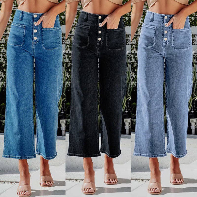 High-Waisted Stretch Denim Pants for Women - Classic Straight-Leg Jeans: Black / L