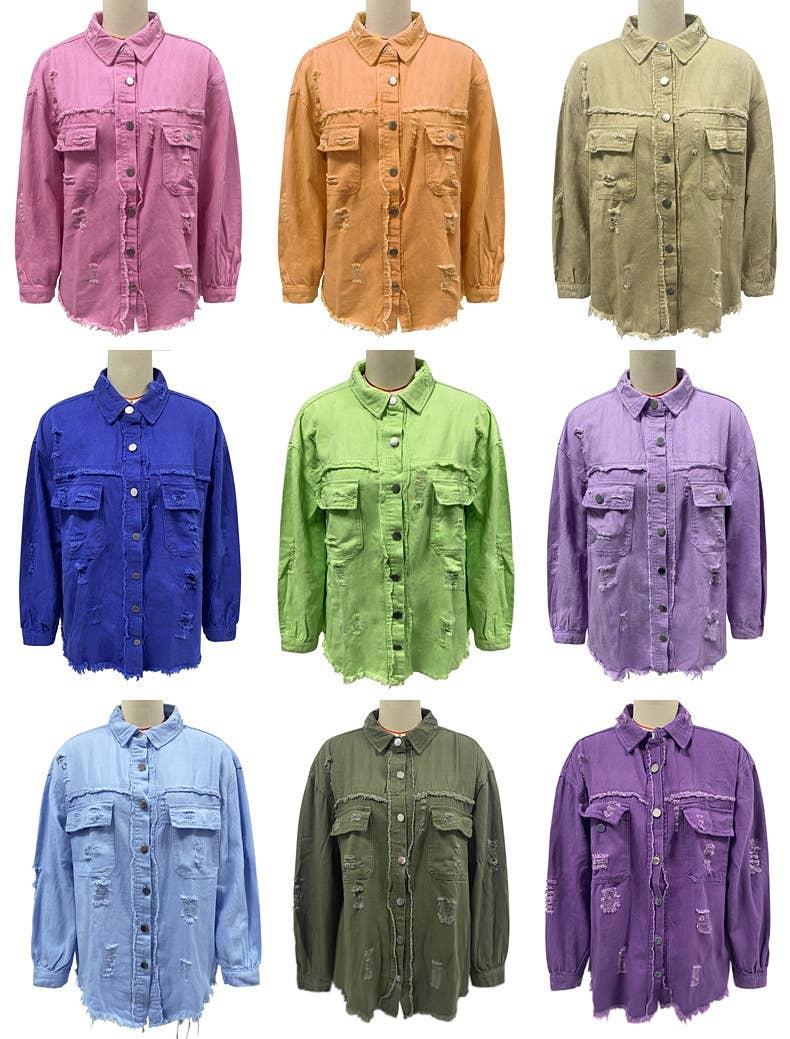 Ripped Long-Sleeved Denim Jacket: Khaki / S