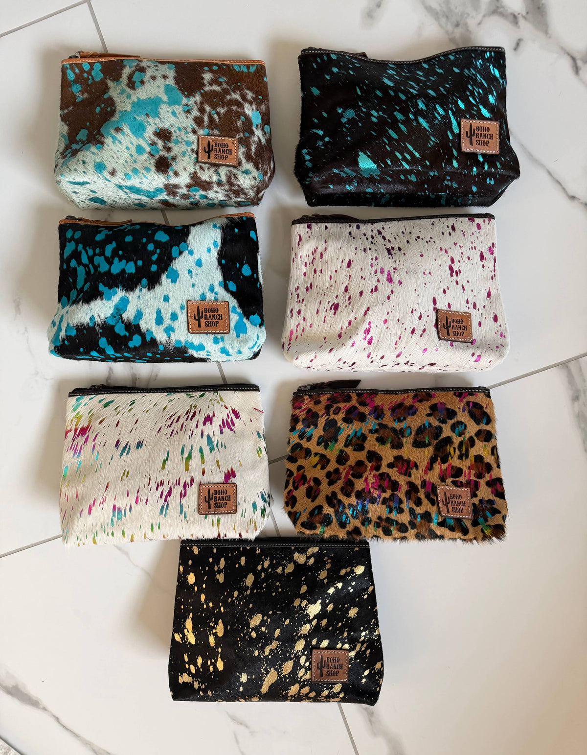 Western Cowhide Makeup Bag Travel: LEOPARD + RAINBOW