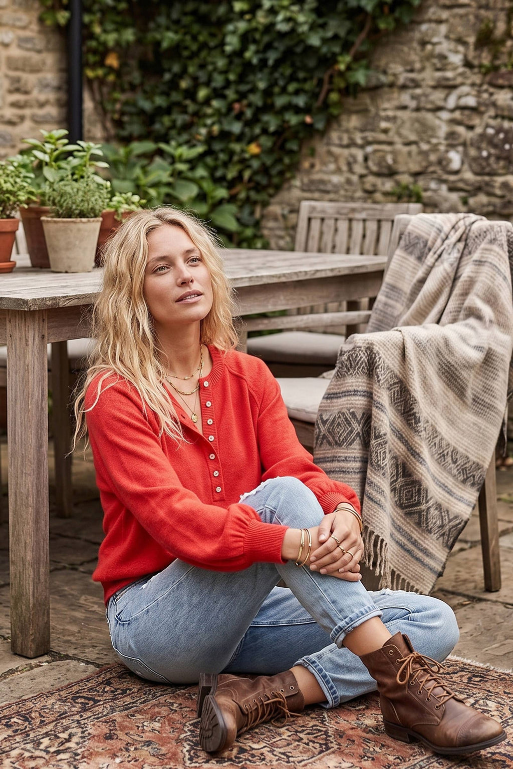 Henley Balloon Sleeve Sweater Top: IVORY / S