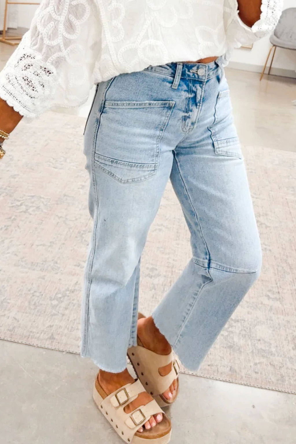 Solid Frayed Regular Cropped Light Wash Denim Jeans 4-4X: Beau Blue / 8