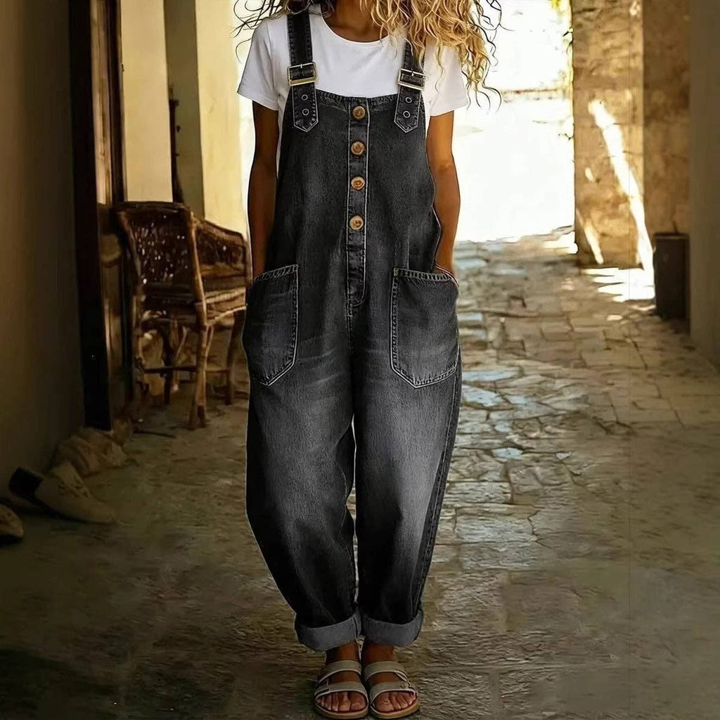 Washed Denim Overalls Adjustable Strap Relaxed Fit: Black / 70%Cotton+30%Polyester / M