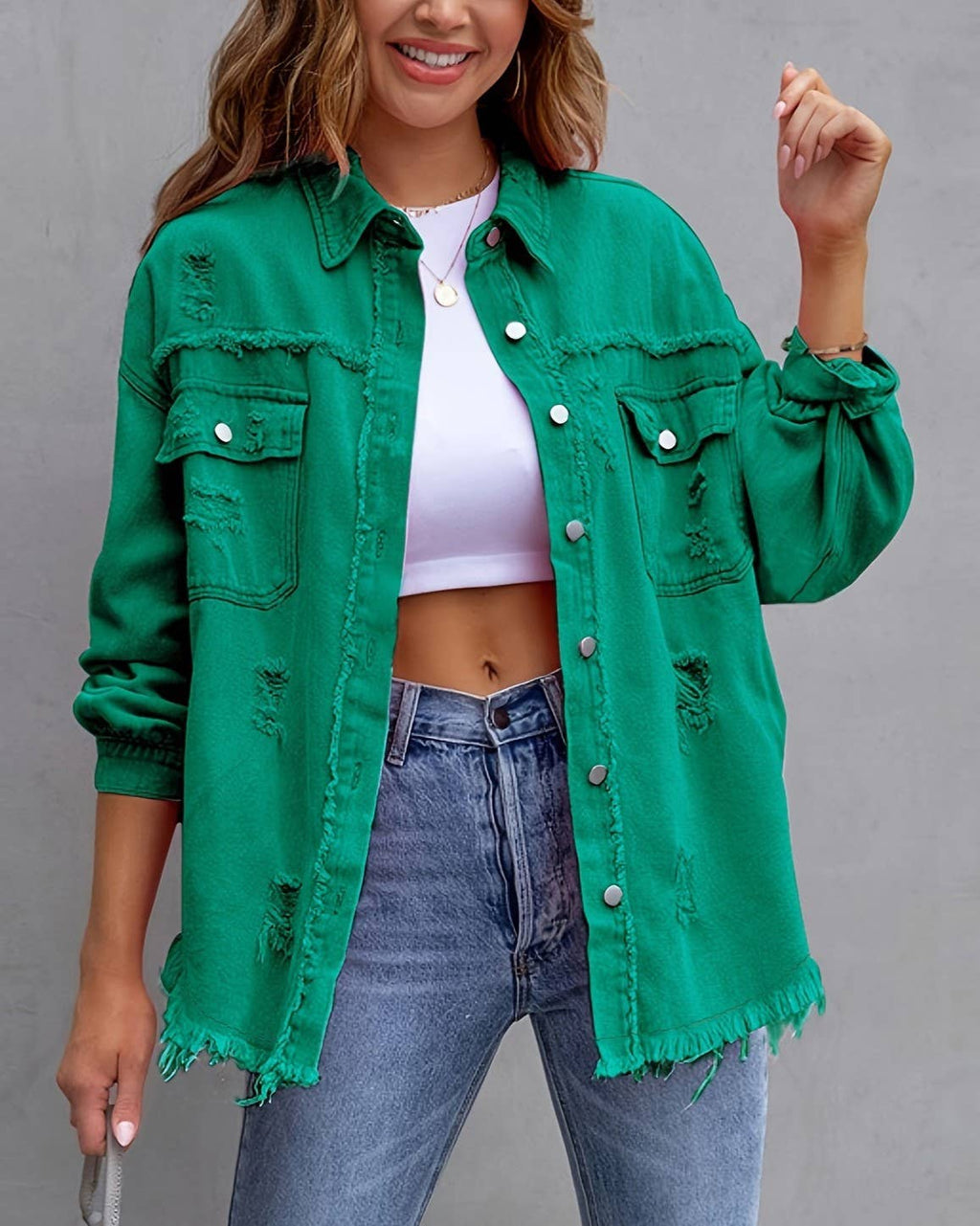 Ripped Long-Sleeved Denim Jacket: Khaki / L