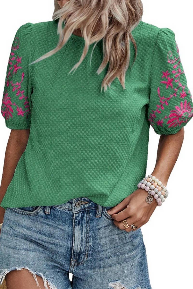 CWTBLS2264_EMBROIDERED PUFF SLEEVE CREW NECK BLOUSE: APRICOT / (M) 1