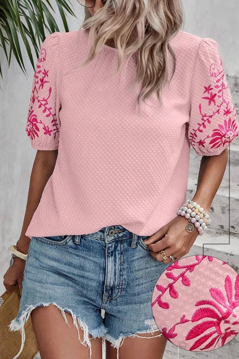 CWTBLS2264_EMBROIDERED PUFF SLEEVE CREW NECK BLOUSE: GREEN / (L) 1