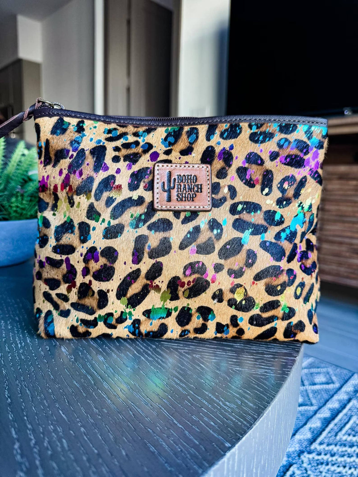 Western Cowhide Makeup Bag Travel: LEOPARD + RAINBOW