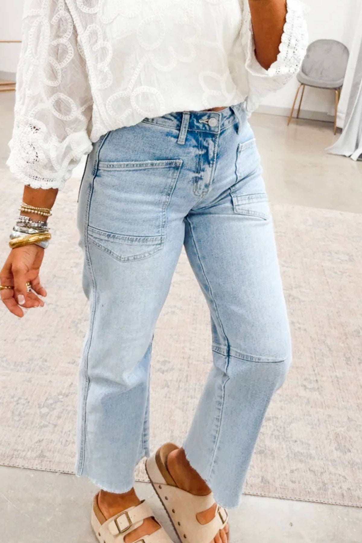 Solid Frayed Regular Cropped Light Wash Denim Jeans 4-4X: Beau Blue / 8