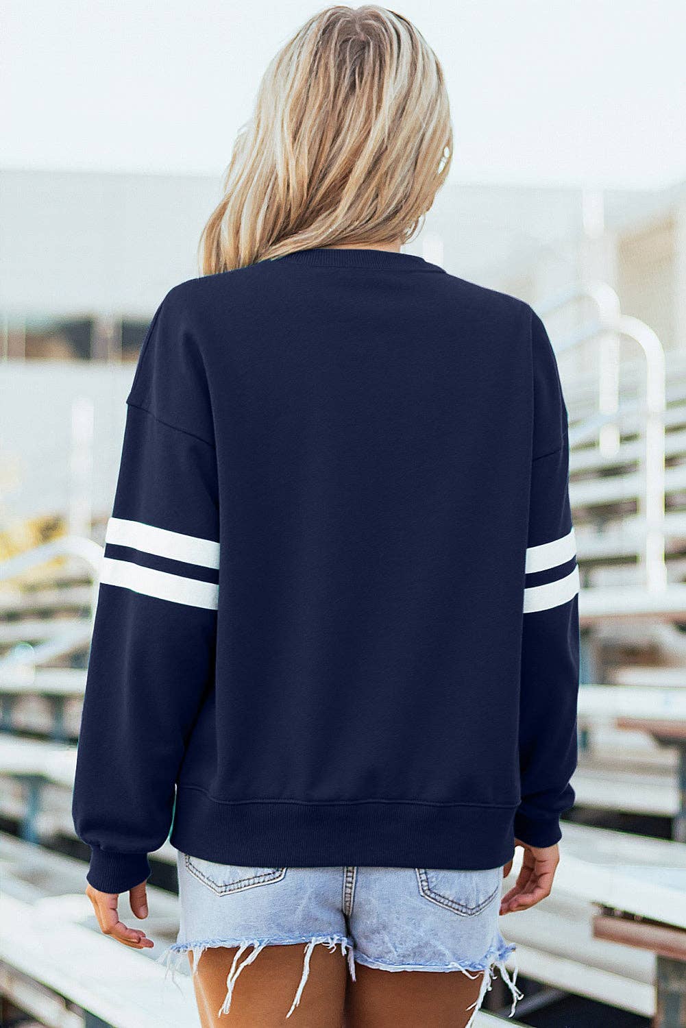 Varsity Striped Detail Drop Shoulder Oversized Sweatshirt: Navy Blue / 65%Polyester+35%Cotton / S