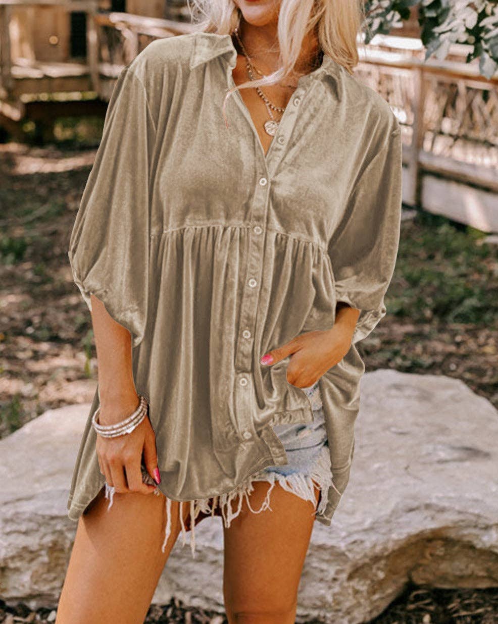 Velvet 3/4 Sleeve Tunic Babydoll Shirt: Pale Khaki / 95%Polyester+5%Elastane / S