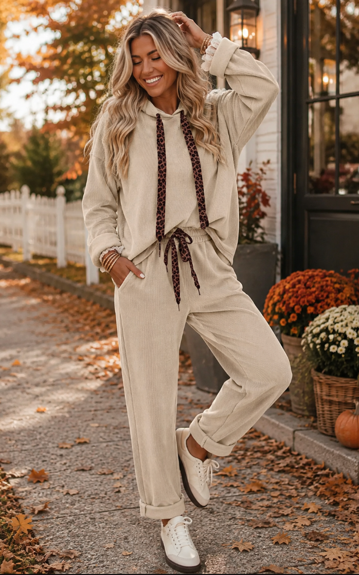 Leopard Drawstring Set: Beige / Large