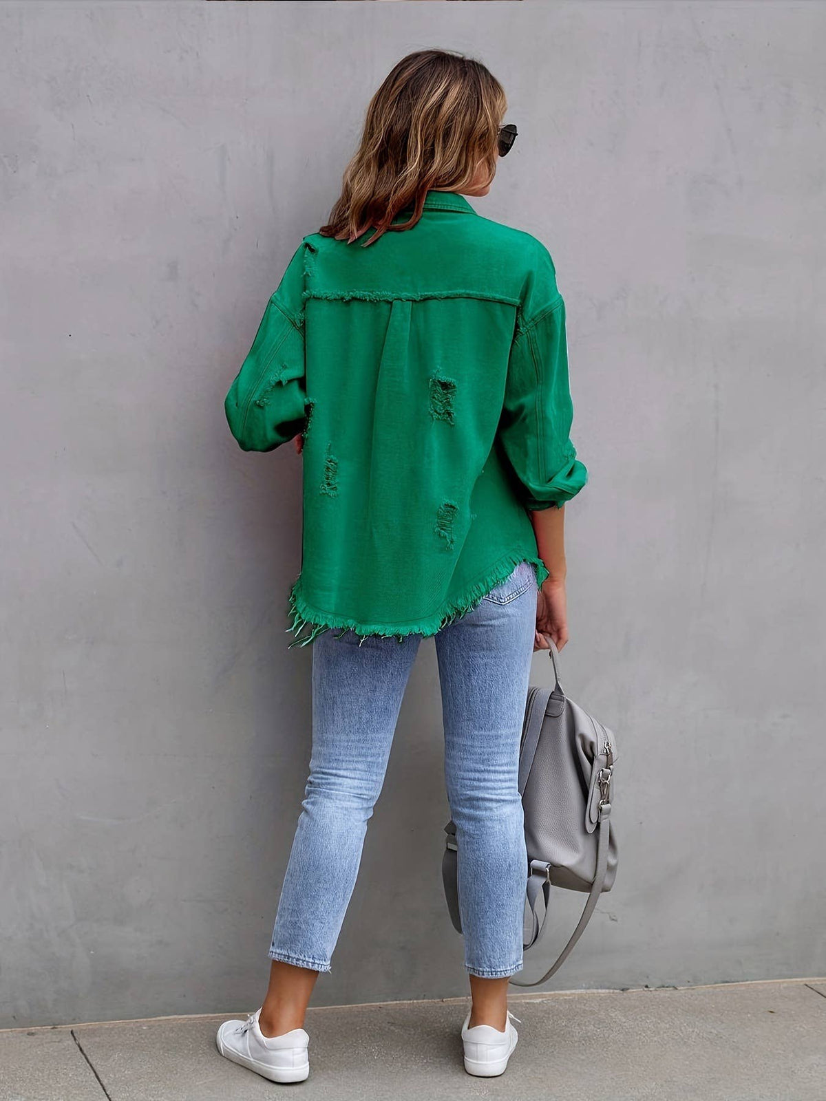 Ripped Long-Sleeved Denim Jacket: Black / M