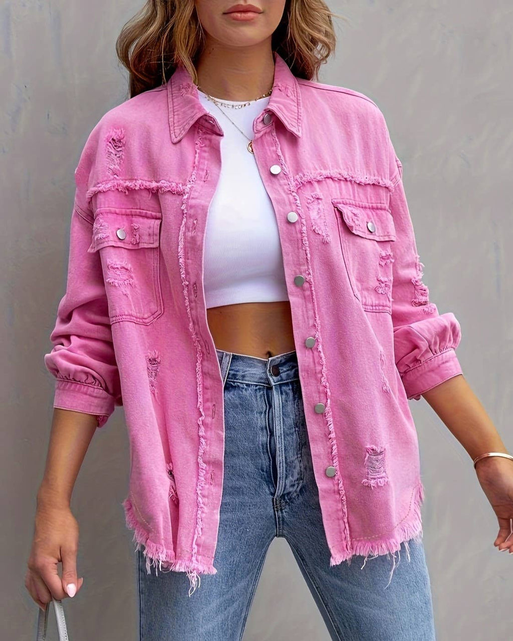 Ripped Long-Sleeved Denim Jacket: Black / L