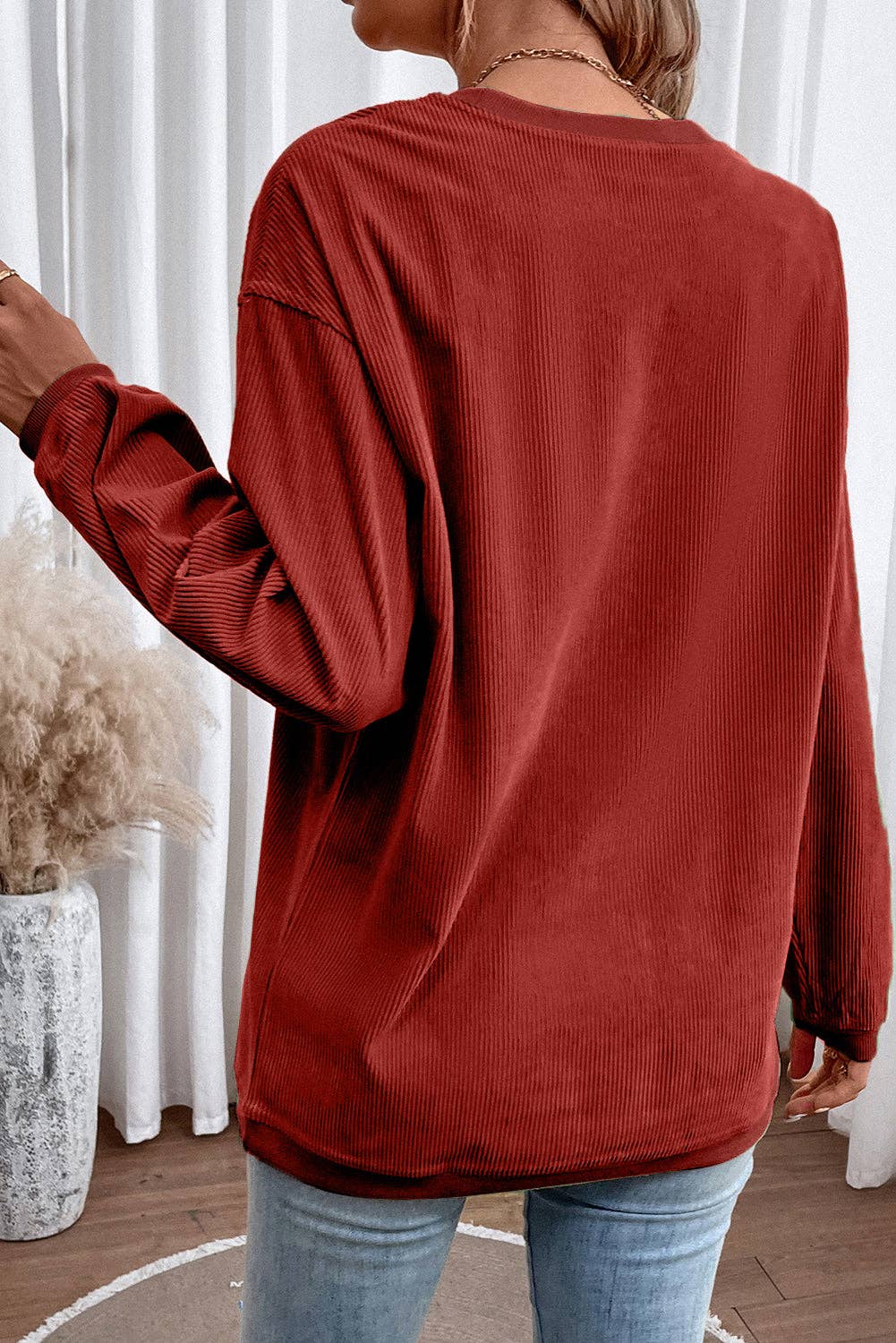 Ribbed Corded Oversized Sweatshirt: Grass Green / 100%Polyester / M