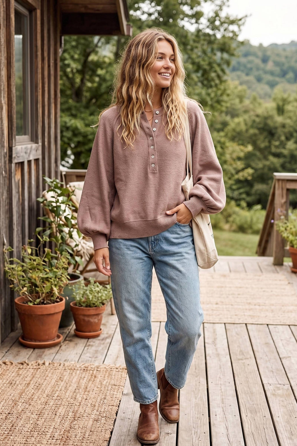 Henley Balloon Sleeve Sweater Top: IVORY / S