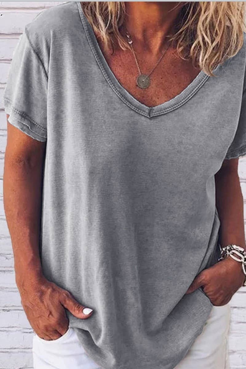 CWTTS1057_V NECK SOLID COLOR CASUAL SHORT SLEEVED T SHIRT: Pink / (M) 1