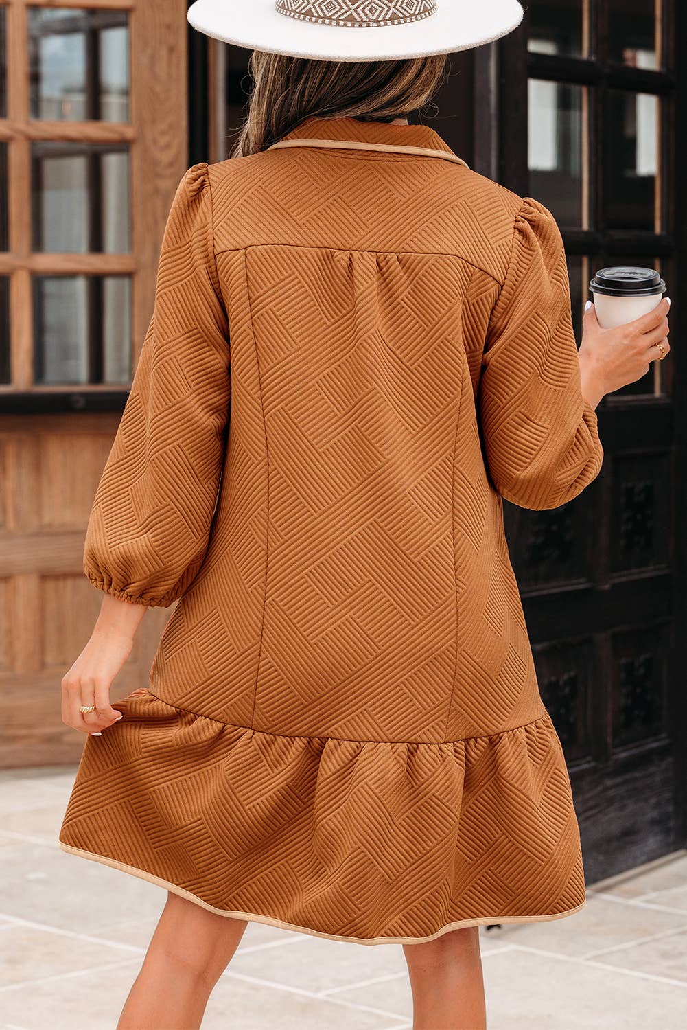 LDC Quarter Zip Collar Bracelet Sleeve Textured Mini Dress: Desert Gold / M