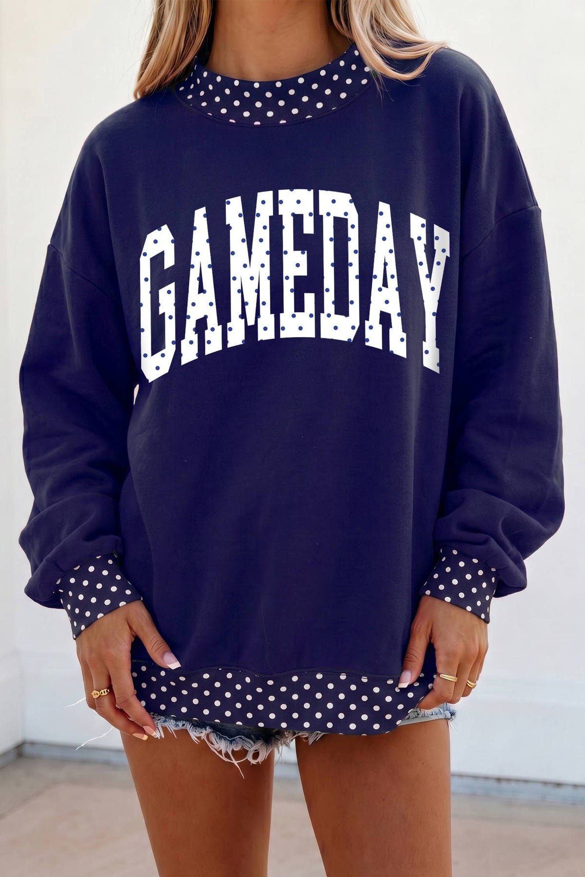 LDC Polka Dot Game Day Graphic Pullover Mock Neck Sweatshirt: Red / M
