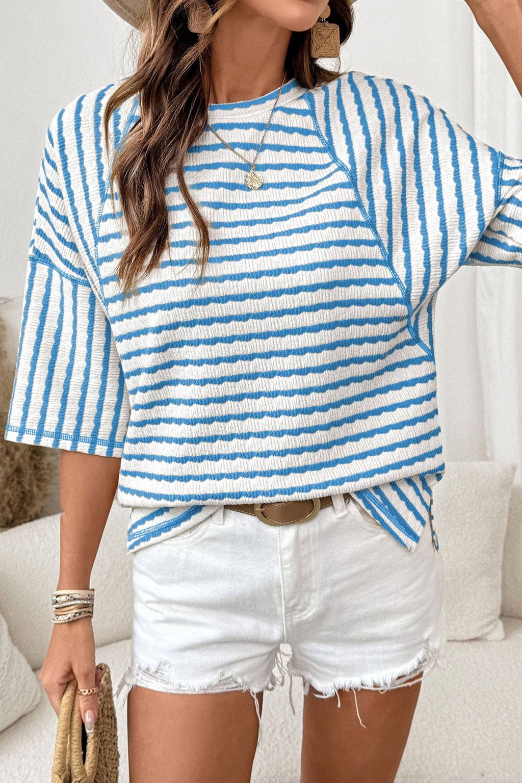 Stripe Textured Knit Split Hem Half Sleeve Top | S-4X: Pink Stripe / XL