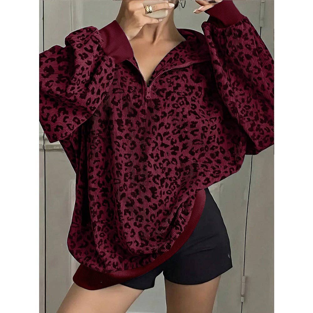 Leopard Corduroy Sweatshirt Streetwear Oversized Half Zip: Gray / 100%polyester / L