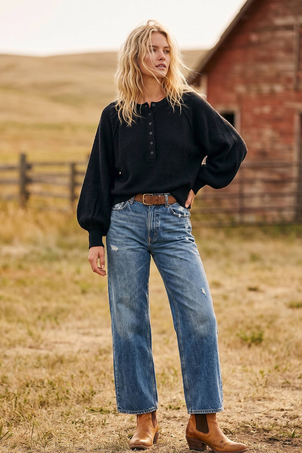 Henley Balloon Sleeve Sweater Top: IVORY / M