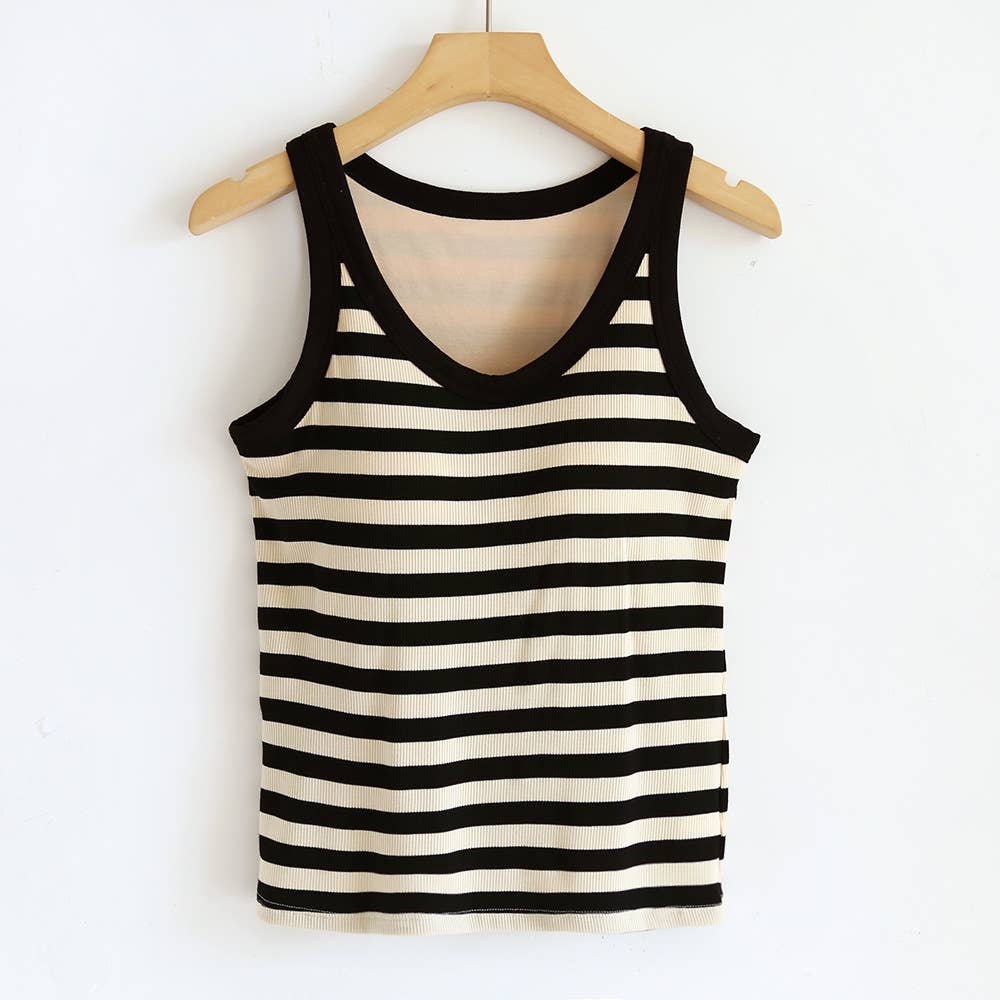 Stripe scoop neck rib knit built-in bra tank top: Black / L