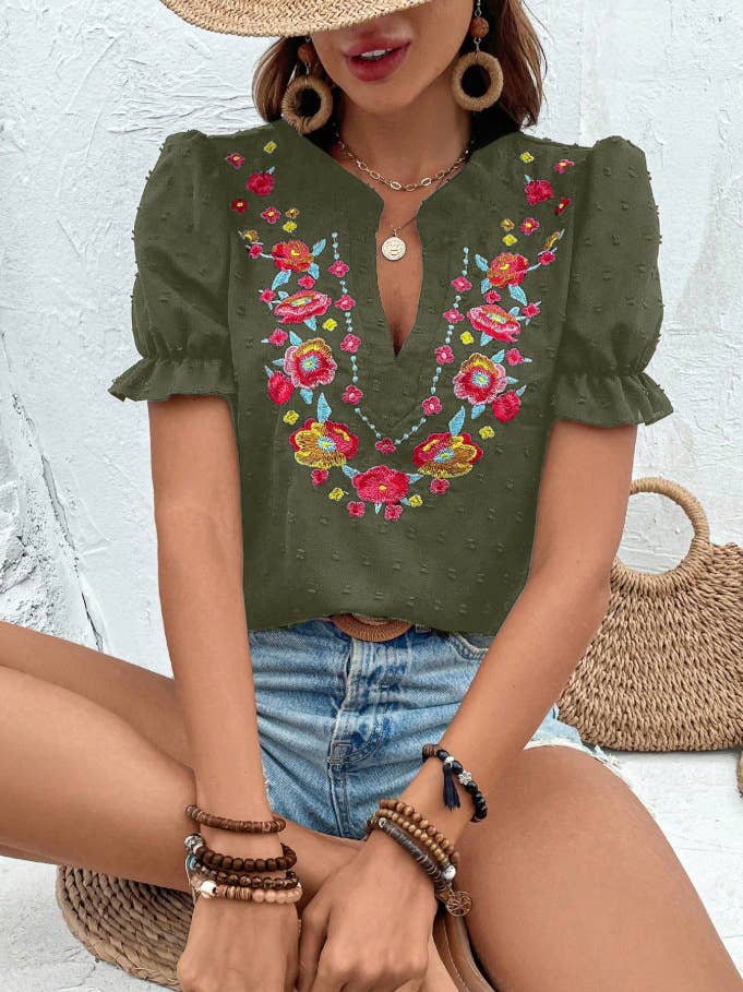 Boho Embroidered Floral Ruffle Top: NavyBlue / M