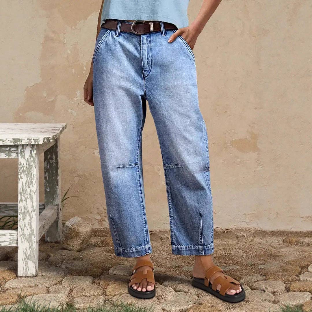 Trendy Casual High-Waisted Loose-Fit Denim Cropped Pants: Light Blue / L