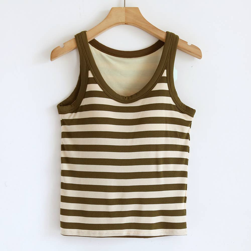 Stripe scoop neck rib knit built-in bra tank top: Black / L