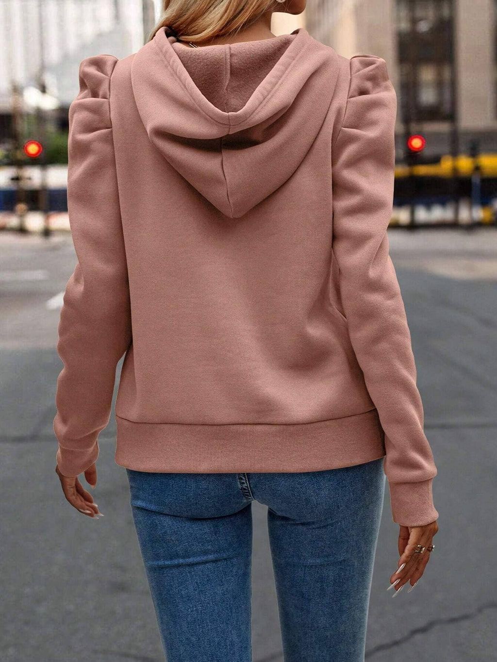 Hooded Solid Color Casual Sweatshirt: Blue / XL