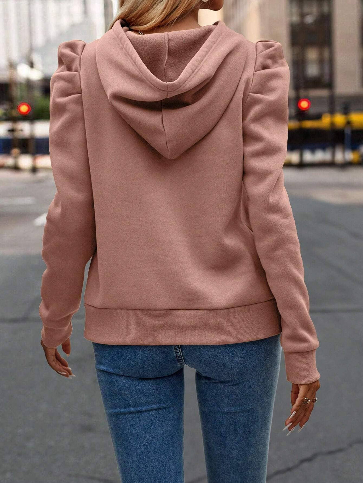 Hooded Solid Color Casual Sweatshirt: Blue / XL