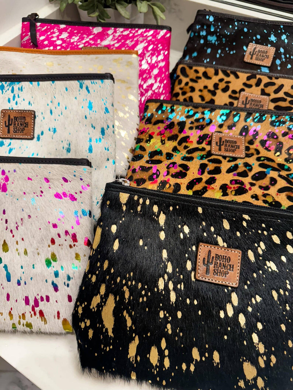 Western Cowhide Makeup Bag Travel: LEOPARD + RAINBOW