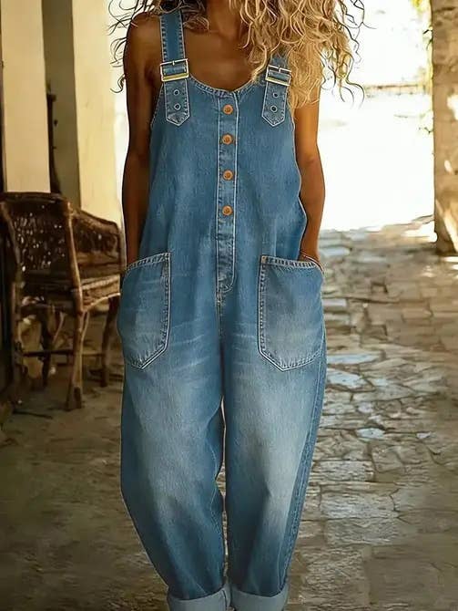 Washed Denim Overalls Adjustable Strap Relaxed Fit: Blue / XL